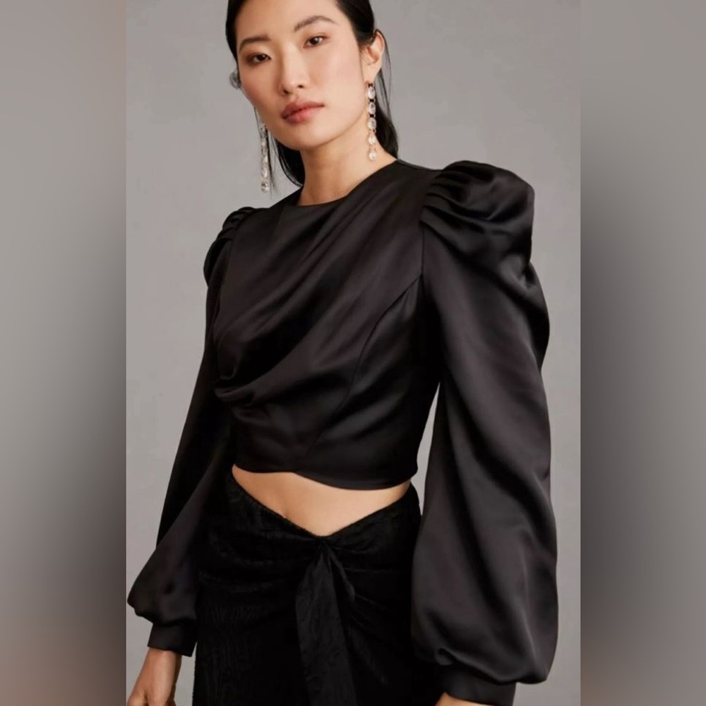 Anthropologie Mare Mare black puff sleeve satin top XS